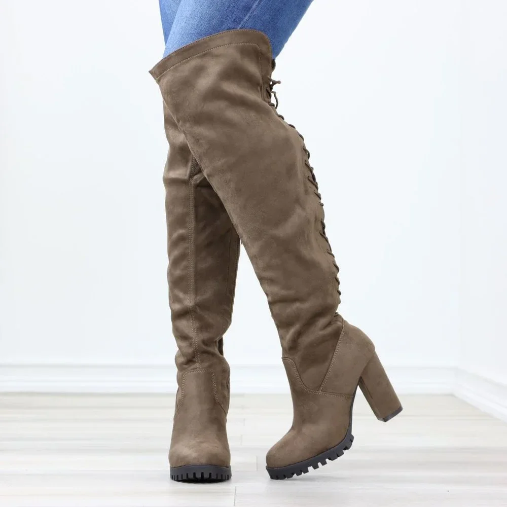 Full Lace-Up Back Taupe Faux Suede Thigh High Over The Knee Lug Block Heeled Boo - Picture 11 of 14